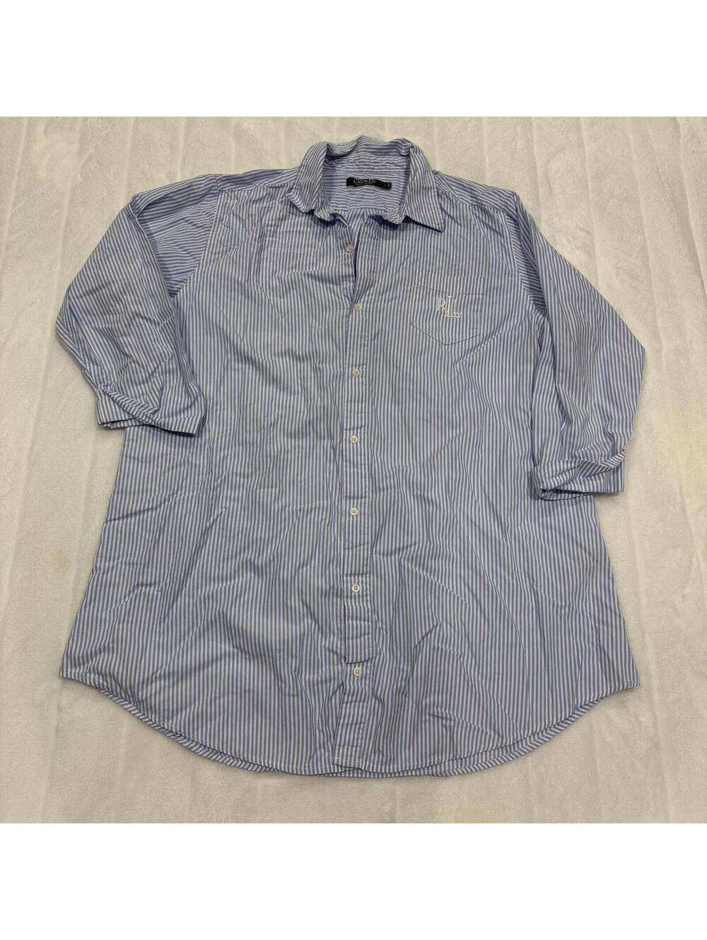 Lauren Ralph Lauren Striped Button Down Shirt Women L Cotton Blue White RL Logo - Picture 2 of 8